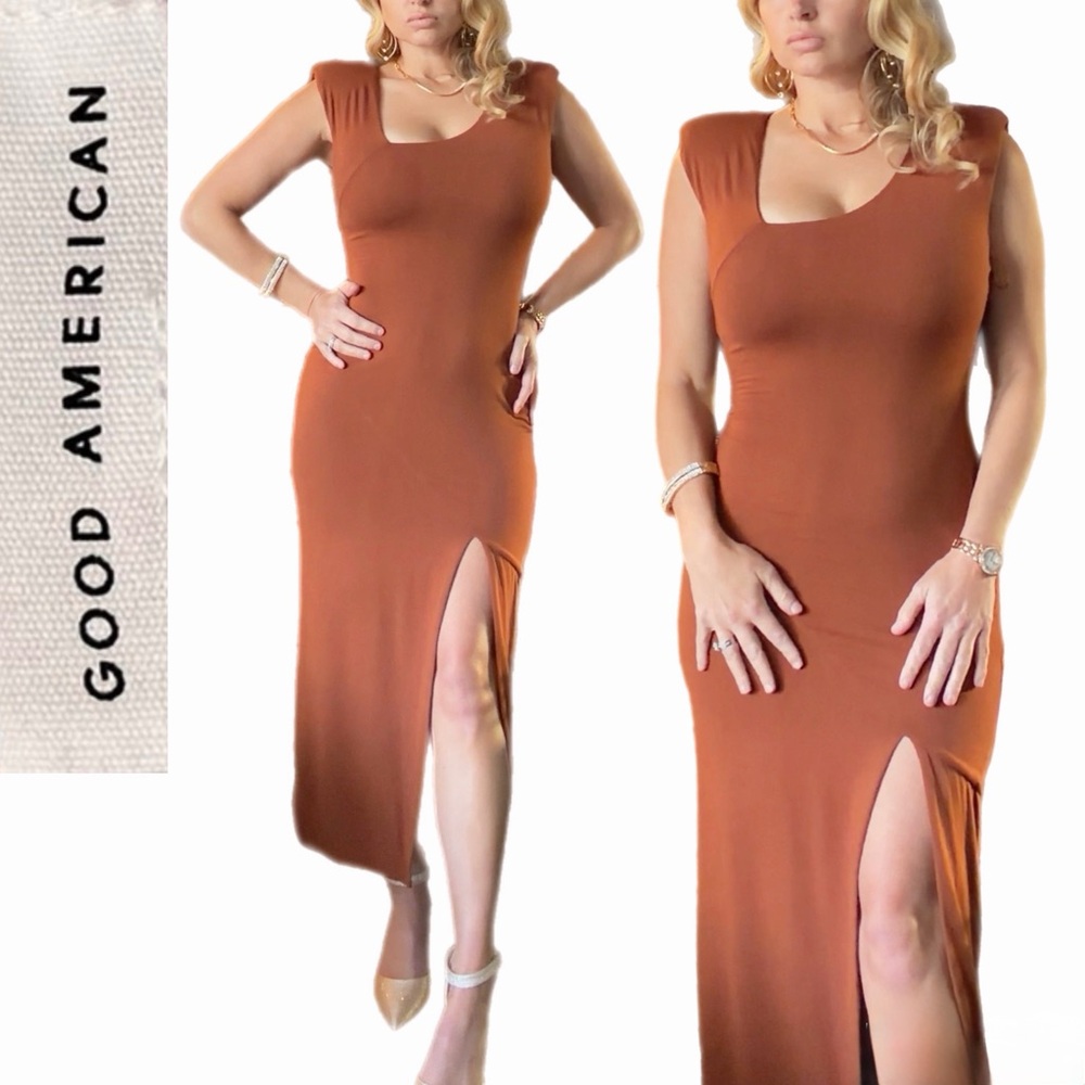 Good American Asymmetrical Neck Midi Dress | Tortoise Shell | Size 1 | Like New